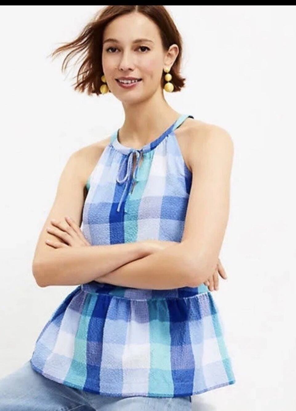 LOFT - Plaid Sleeveless Keyhole Peplum Halter Top – Small NWOT